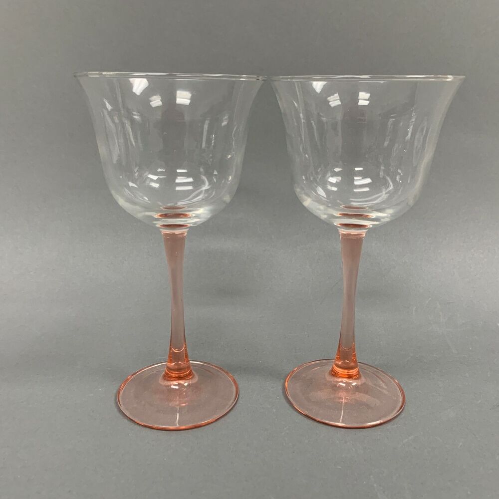 Wine Glasses Goblet Pink Stem Clear Bowl 7" Tall - Very Good Condition Lot of 2